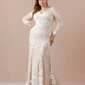 Azazie Lace Overlay Wedding Dress in Diamond white and nude.